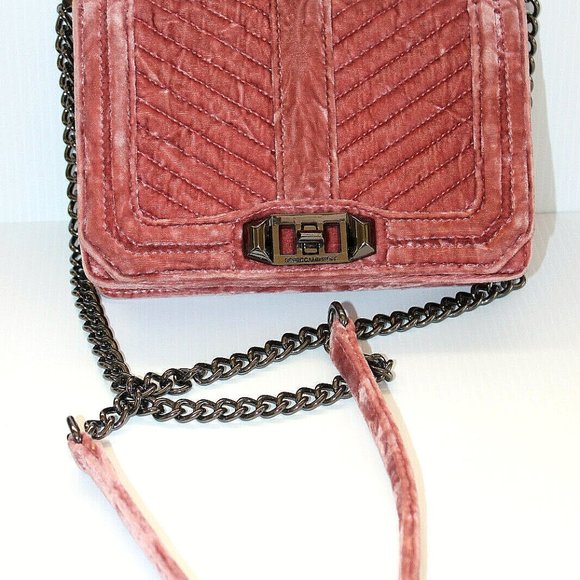Rebecca Minkoff Small Pink Chevron Quilted Love Velvet Crossbody Bag Gray Chain - Picture 3 of 9